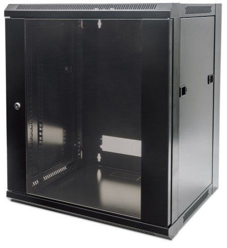 Intellinet 19" Network Cabinet - Wall Mount (Standard), 12U, 450mm Deep, Black, Flatpack, Max 60kg, Suitable also for use on desk or floor, Usable Depth 270mm to 350mm, Metal & Glass Door, Back Panel, Removeable Sides,Parts for wall installation not inclu