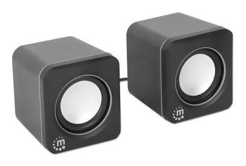Manhattan 2600 Series Speaker System, Two Speakers, Black/Silver, USB for Stereo Audio and Power, Output: 2x 3W, Decent Sound, Integrated rotary volume control, USB-C/USB-A Adapter, Cable 1.4m, Three Year Warranty