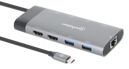 Manhattan USB-C Dock/Hub, Ports (x10): Ethernet, HDMI (x2 8k), USB-A (x5) and USB-C (x2), With Power Delivery (100W) to USB-C Port (Note additional USB-C wall charger and USB-C cable needed), USB 3.2 Gen 2, All Ports can be used at the same time, Universa