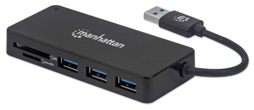 Manhattan USB-A 3-Port Hub with Card Reader, 3x USB-A ports, 5 Gbps (USB 3.2 Gen1 aka USB 3.0), SD, MicroSD, MMC and Memory Stick; Bus Power, SuperSpeed USB, Black, Three Year Warranty