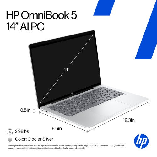 HP OmniBook 5 NGAI OmniBook 5 Next Gen AI 14-he0001na Copilot+ PC Snapdragon X1-26-100 Laptop 35.6 cm (14") 2K 16 GB LPDDR5x-SDRAM 512 GB SSD Wi-Fi 6E (802.11ax) Windows 11 Home Silver