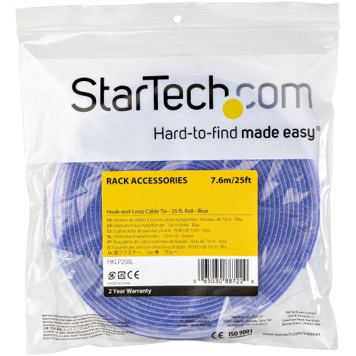 StarTech.com 25ft Hook and Loop Roll - Cut-to-Size Reusable Cable Ties - Bulk Industrial Wire Fastener Tape /Adjustable Fabric Wraps Blue / Resuable Self Gripping Cable Management Straps
