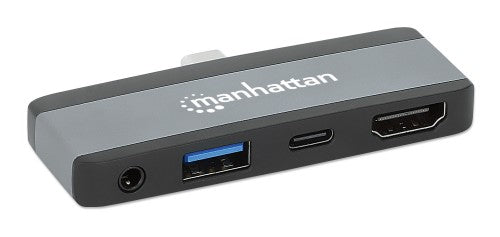 Manhattan USB-C Travel Dock/Hub, Ports (x4): HDMI, USB-A, USB-C and 3.5mm audio, With Power Delivery (100W) to USB-C Port, USB powered (no external power supply required)