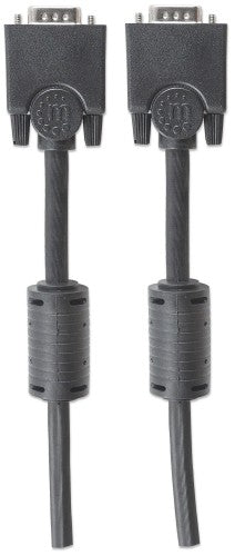 Manhattan VGA Monitor Cable (with Ferrite Cores), 3m, Black, Male to Male, HD15, Cable of higher SVGA Specification (fully compatible), Shielding with Ferrite Cores helps minimise EMI interference for improved video transmission, Lifetime Warranty