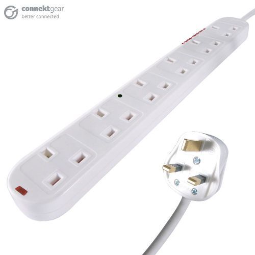 connektgear 5m 6 Way Surge Protected Power Extension Block - UK Plug to 6 x UK Sockets - White