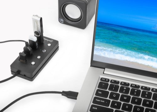 Manhattan USB-C Dock/Hub, Ports (x4) with on/off switch for each port: USB-A (x4), 5 Gbps (USB 3.2 Gen1 aka USB 3.0), Universal for all devices, Bus or AC powered (optional jack, not included), Cable 1.5m, SuperSpeed USB, Black, Three Year Warranty