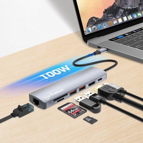 Manhattan USB-C Dock/Hub with Card Reader, Ports (x5): Ethernet, HDMI, USB-A (x2) and USB-C, With Power Delivery (100W) to USB-C Port (Note additional USB-C wall charger and USB-C cable needed), USB 3.2 Gen 1, All Ports can be used at the same time, Unive