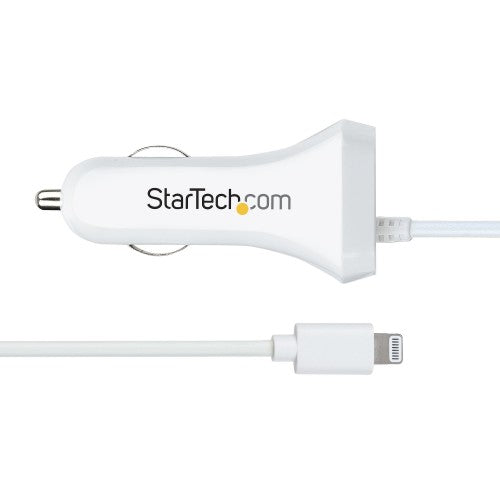 StarTech.com Lightning Car Charger with Coiled Cable, 1m Coiled Lightning Cable, 12W, White, 2 Port USB Car Charger Adapter for Phones and Tablets, Dual USB In Car iPhone Charger