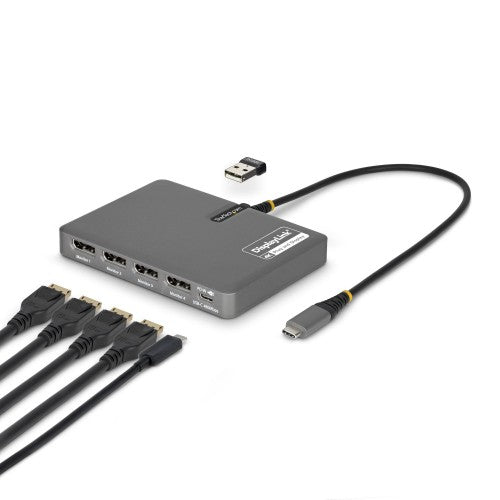 StarTech.com USB-C to Quad-Monitor Workstation Adapter, 4K 60Hz DisplayPort, 140W PD Passthrough for Laptop Charging, USB Port for Wireless Keyboard / Mouse, TAA