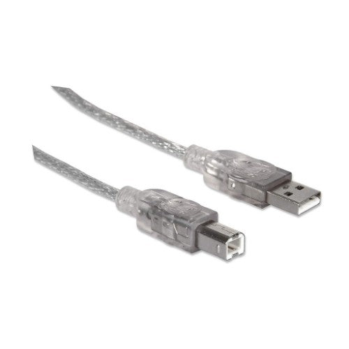 Manhattan USB-A to USB-B Cable, 1.8m, Male to Male, Translucent Silver, 480 Mbps (USB 2.0), Hi-Speed USB, Lifetime Warranty, Equivalent to USB2HAB6T.