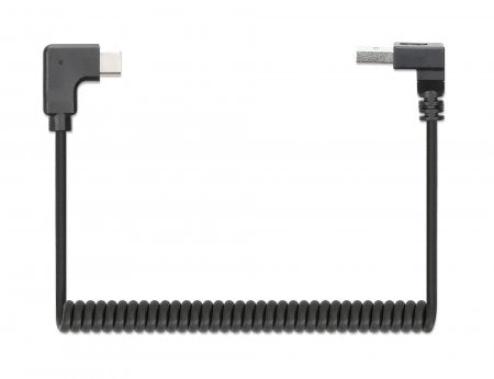 Manhattan USB-C to USB-A Cable, 1m, Male to Male, Black, 480 Mbps (USB 2.0), Tangle Resistant Curly Design, Angled Connectors, Ideal for Charging Cabinets/Carts, Charge only - not for data sync, Hi-Speed USB, Lifetime Warranty