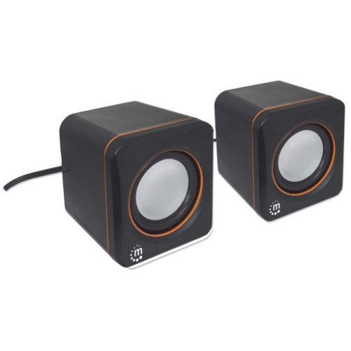 Manhattan 2600 Series Speaker System, Small Size, Big Sound, Two Speakers, Stereo, USB power, Output: 2x 3W, 3.5mm plug for sound, In-Line volume control, Cable 0.9m, Black, Three Year Warranty