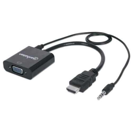 Manhattan HDMI to VGA (with Audio) Converter cable, 1080p, 30cm, Male to Female, Micro-USB Power Input Port for additional power if needed, Black, Three Year Warranty