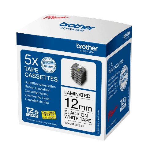 Brother TZE-231M5 DirectLabel black on white Laminat 12mm x 8m Pack=5 for Brother P-Touch TZ 3.5-18mm/6-12mm/6-18mm/6-24mm/6-36mm