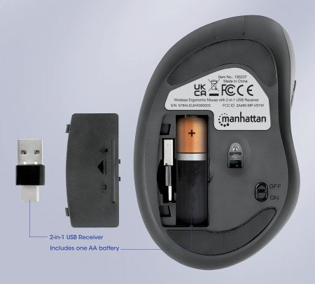 Manhattan Ergonomic Wireless Mouse, Right Handed, Adjustable 800/1200/1600dpi, 2.4Ghz (up to 10m), Six Button with Scroll Wheel, Combo USB=A and USB-C receiver, Black, AA battery (included), Three Year Warranty