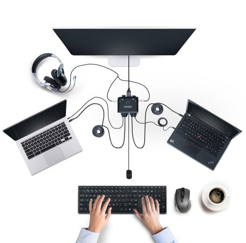 StarTech.com 2-Port USB-C Cable KVM Switch, 4K 60Hz DisplayPort Output, Compact KVM with 4ft/1.2m USB Type-C/Audio Integrated Cables, Bus Powered - Remote Push-Button/Hotkey Switching