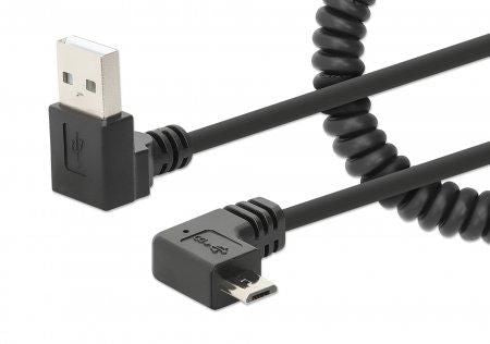 Manhattan USB-A to Micro-USB Cable, 1m, Male to Male, Black, 480 Mbps (USB 2.0), Tangle Resistant Curly Design, Angled Connectors, Ideal for Charging Cabinets/Carts, Hi-Speed USB, Lifetime Warranty