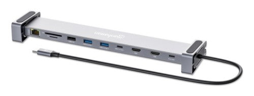 Manhattan USB-C Dock/Hub with Card Reader and MST, Ports (x7): Ethernet, HDMI (x2 4k@60Hz), USB-A (x3) and USB-C, with Power Delivery (PD) 100W- requires external USB-C charger (not included). USB powered (no external power supply required) when PD is not