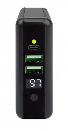 Manhattan 4-in-1 Travel Wall Charger and Powerbank 8,000 mAh, USA/UK/Euro 2-pin Plugs, Output: 1x USB-C, 2x USB-A ports and Wireless Charging Pad (5W), Black, One Year Warranty
