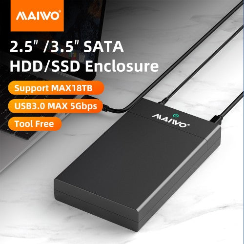 MAIWO USB3.0 to SATA 2.5/3.5 Inch SSD/HDD External Hard Drive Enclosure Transfer Speed Up to 5Gbps, Tool Free, Slide Deisign, Black