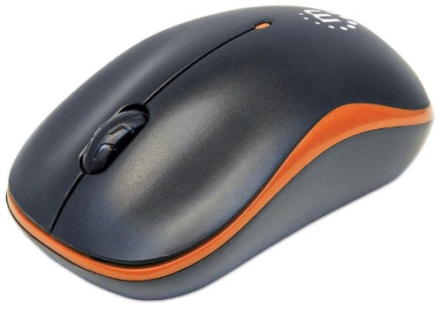Manhattan Success Wireless Mouse, Black/Orange, 1000dpi, 2.4Ghz (up to 10m), USB, Optical, Three Button with Scroll Wheel, USB micro receiver, AA battery (included), Low friction base, Three Year Warranty
