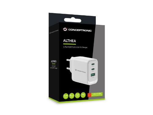 Conceptronic ALTHEA21W65 3-Port 65W GaN USB PD Charger, USB-C x 2, USB-A x 1, QC 3.0, PPS, PD 3.0