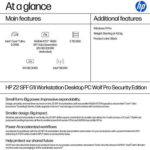 HP Z2 SFF G1i Wolf Pro Security Edition Intel Core Ultra 9 285K 64 GB DDR5-SDRAM 2 TB SSD NVIDIA RTX 4000 Ada Windows 11 Pro Workstation AI Workstation, AI PC Black