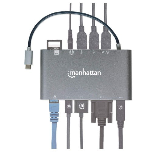 Manhattan USB-C Dock/Hub with Card Reader, Ports (x8): HDMI, Audio 3.5mm, Ethernet, Mini DisplayPort, USB-A (x3) and USB-C, With Power Delivery (60W) to USB-C Port (Note add USB-C wall charger and USB-C cable needed), All Ports can be used at the same tim