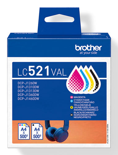 Brother LC-521VAL Ink cartridge multi pack Bk,C,M,Y, 4x500 pages ISO/IEC 19752 Pack=4 for Brother DCP-J 1260