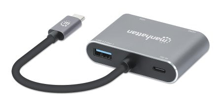 Manhattan USB-C Dock/Hub, Ports (x4): HDMI, USB-A, USB-C and VGA, With Power Delivery (87W) to USB-C Port (Note add USB-C wall charger and USB-C cable needed), All Ports can be used at the same time, Universal for all devices, Aluminium, Space Grey,3 Year
