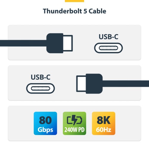 StarTech.com 2.6ft (80cm) Thunderbolt 5 Cable, 80Gbps/Up to 120Gbps, 240W PD, 8K 60Hz, Certified Thunderbolt Cable, Compatible w/Thunderbolt 4/USB4/USB-C - White