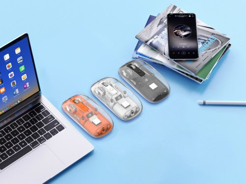 Manhattan Transparent Rechageable Wireless Mouse, Clear/White, Adjustable 800/1200/1600dpi, With RGB LED light, 2.4Ghz (effective range up to 10m), USB, Optical, Ambidextrous, Four Button with Scroll Wheel, Slim Design, USB-A micro receiver, Lithium Ion b