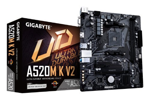 GIGABYTE A520M K V2 Motherboard - Supports AMD Ryzen 5000 Series AM4 CPUs, up to 5100MHz DDR4 (OC), PCIe Gen3 x4 M.2, GbE LAN, USB 3.2 Gen 1