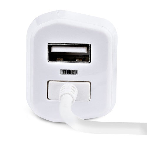StarTech.com Lightning Car Charger with Coiled Cable, 1m Coiled Lightning Cable, 12W, White, 2 Port USB Car Charger Adapter for Phones and Tablets, Dual USB In Car iPhone Charger