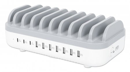 Manhattan Charging Station, 10x Ports: 3x USB-C (up to 18W PD) and 7x USB-A (up to 12W), 120W Total Output, White/Grey, Three Year Warranty, Box