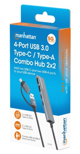Manhattan USB-C & USB-A Combo Dock/Hub, Ports (4): USB-A (x2) and USB-C (x2), 5 Gbps (USB 3.2 Gen1 aka USB 3.0), USB powered (no external power supply required), Aluminium