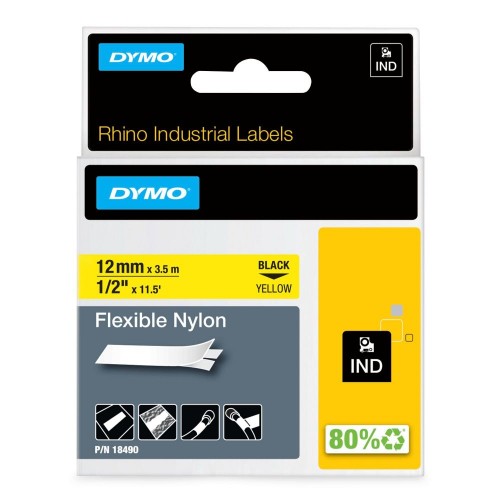 Dymo 18490/S0718080 Ribbon Nylon flexible black on yellow 12mm x 3,5m for Dymo Rhino 6-12mm/19mm/24mm