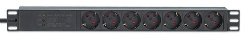 Intellinet 19" 1U Rackmount 7-Output Power Distribution Unit (PDU) / Surge Protector, EU CEE 7/3 Outlets, 500 Joule/19,500 A Surge Protection, Built-in 3 m Power Cord with EU CEE 7/7 Plug, 16 A, Horizontal Mount, Aluminum, Black