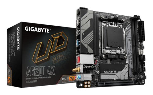 GIGABYTE A620I AX Motherboard - Supports AMD Ryzen 8000 CPUs, 5+2+1 Phases Digital VRM, up to 6400MHz DDR5 (OC), 1xPCIe 4.0 M.2, Wi-Fi 6E, 2.5GbE LAN, USB 3.2 Gen 2