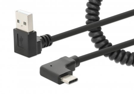 Manhattan USB-C to USB-A Cable, 1m, Male to Male, Black, 480 Mbps (USB 2.0), Tangle Resistant Curly Design, Angled Connectors, Ideal for Charging Cabinets/Carts, Charge only - not for data sync, Hi-Speed USB, Lifetime Warranty