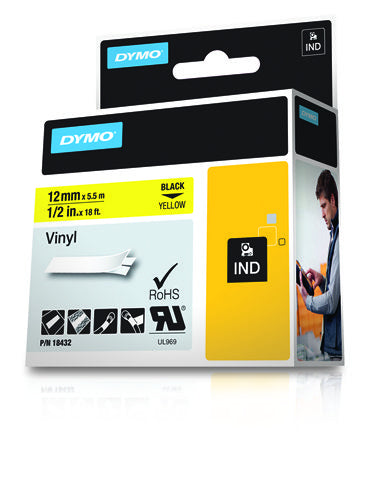 Dymo 18432/S0718450 Ribbon Vinyl black on yellow 12mm x 5,5m for Dymo Rhino 6-12mm/19mm/24mm
