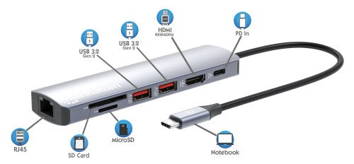 Manhattan USB-C Dock/Hub with Card Reader, Ports (x5): Ethernet, HDMI, USB-A (x2) and USB-C, With Power Delivery (100W) to USB-C Port (Note additional USB-C wall charger and USB-C cable needed), USB 3.2 Gen 1, All Ports can be used at the same time, Unive