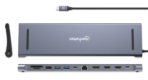 Manhattan USB-C Dock/Hub with Card Reader, Ports (x10): Audio 3.5mm, DisplayPort, Ethernet, HDMI (x2),USB-A (x3) and USB-C (x2),Power Delivery (100W) to USB-C Port (Note add USB-C wall charger and USB-C cable needed),All Ports can be used at the same time