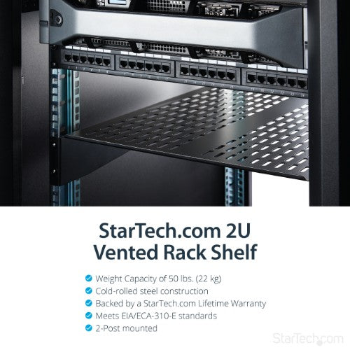 StarTech.com 2U Server Rack Shelf - Universal Vented Rack Mount Cantilever Tray for 19" Network Equipment Rack & Cabinet - Heavy Duty Steel – Weight Capacity 50lb/23kg - 22" Deep Shelf, Black