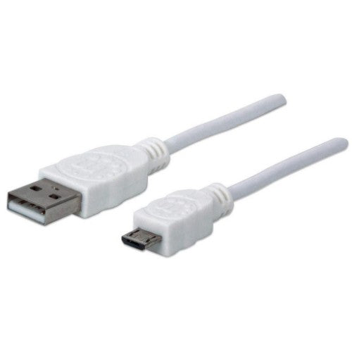 Manhattan USB-A to Micro-USB Cable, 1m, Male to Male, White, 480 Mbps (USB 2.0), Hi-Speed USB, Lifetime Warranty, Equivalent to USBPAUB1MW.