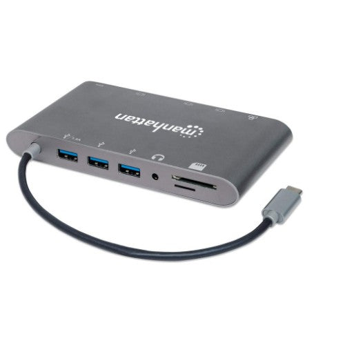 Manhattan USB-C Dock/Hub with Card Reader, Ports (x8): HDMI, Audio 3.5mm, Ethernet, Mini DisplayPort, USB-A (x3) and USB-C, With Power Delivery (60W) to USB-C Port (Note add USB-C wall charger and USB-C cable needed), All Ports can be used at the same tim