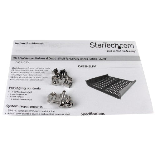StarTech.com 2U Server Rack Shelf - Universal Vented Rack Mount Cantilever Tray for 19" Network Equipment Rack & Cabinet - Heavy Duty Steel - Weight Capacity 50lb/23kg - 16" Deep Shelf, Black