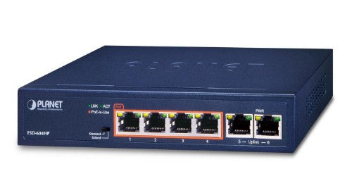PLANET FSD-604HP network switch Unmanaged Fast Ethernet (10/100) Power over Ethernet (PoE) Blue