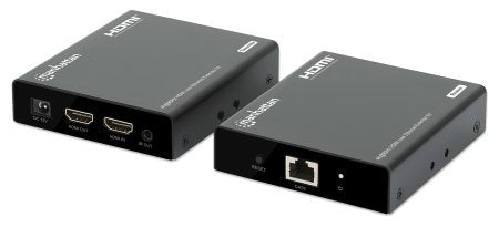 Manhattan 4K HDMI over Ethernet Extender Kit, Extends 4K@60Hz signal up to 70m with a single Cat6 Ethernet Cable, Transmitter and Receiver, Power over Cable (PoC), Black, Three Year Warranty