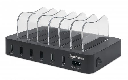 Manhattan Charging Station, 6x USB-A Ports, Outputs: 6x 2.4A, Smart IC, LED Indicator Lights, Black, Three Year Warranty, Box